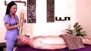 Dominating masseuse jerks off man's cock and doesn't let him cum